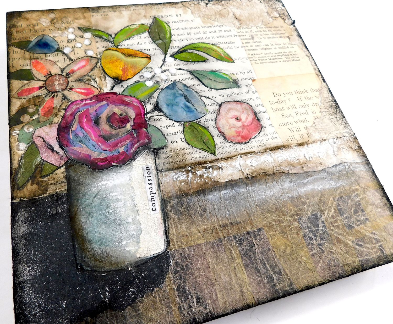 "Compassion" foral 10x10 mixed media original on birch wood