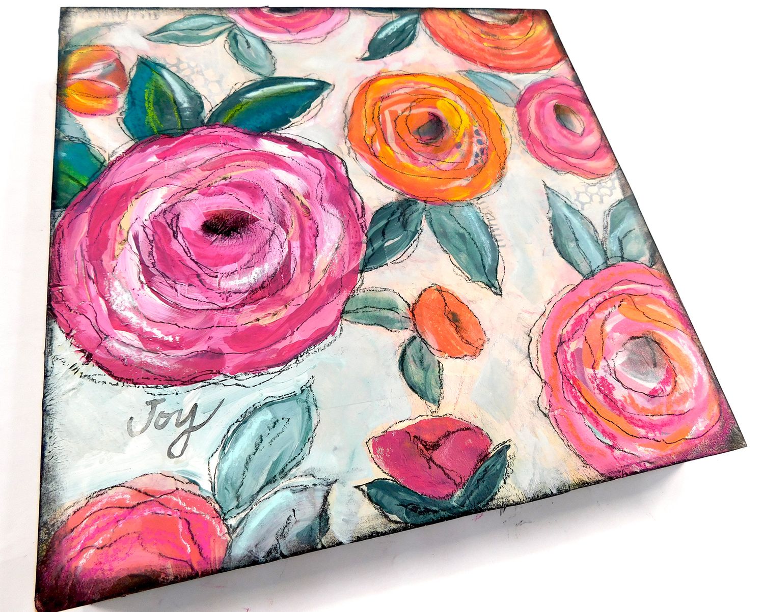 "Joy" floral 10x10 mixed media original on birch wood