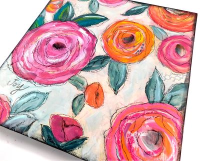 "Joy" floral 10x10 mixed media original on birch wood