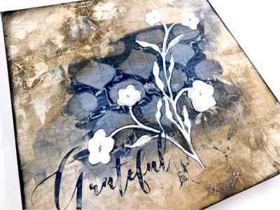 "Grateful" flower 10x10 mixed media original on birch wood