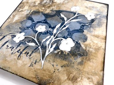 "Grateful" flower 10x10 mixed media original on birch wood