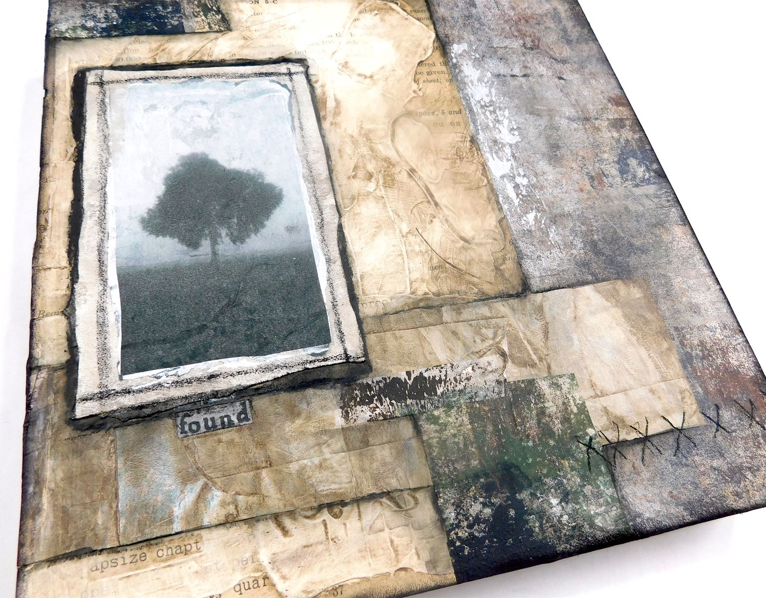 "Found" soft texture grunge 10x10 mixed media original on birch wood