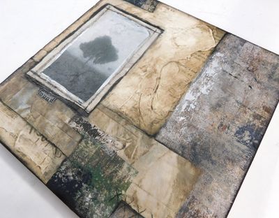 "Found" soft texture grunge 10x10 mixed media original on birch wood
