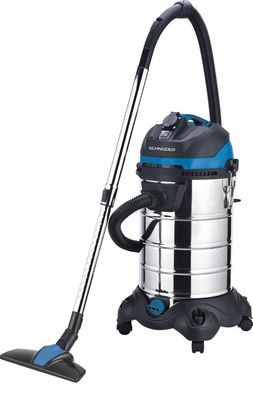 Aspirapolvere per solidi e liquidi da 30 litri, 230 V, 1200 W, serbatoio in acciaio inox, presa per utensili elettrici, funzione di disotturazione e soffiaggio.