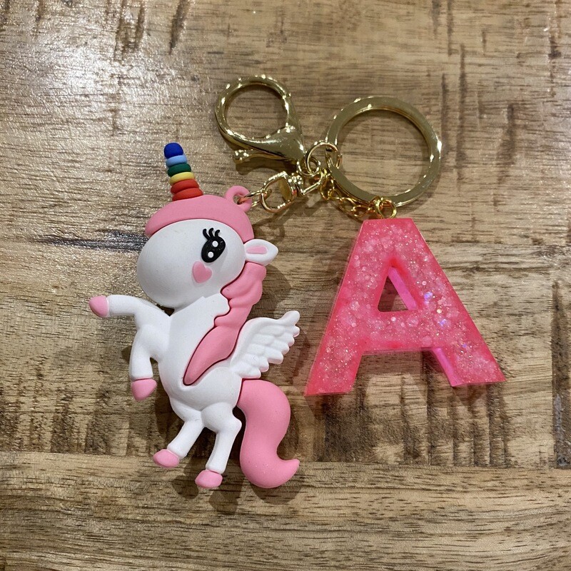 Kids Personalised Initial Keyring with Unicorn charm