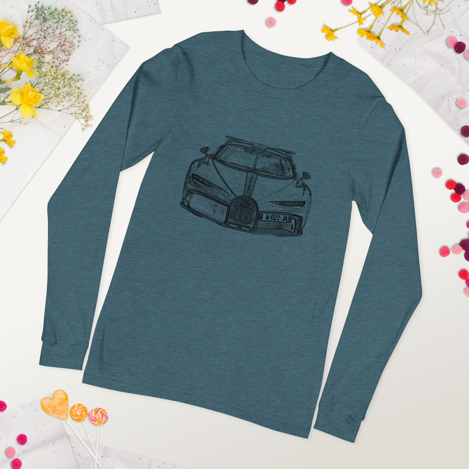 Drawing of a Bugatti Chiron | Unisex Long Sleeve Tee - Bella Canvas | Supercar Sketch