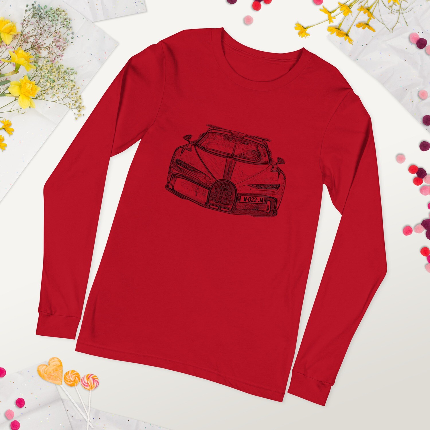 Drawing of a Bugatti Chiron | Unisex Long Sleeve Tee - Bella Canvas | Supercar Sketch