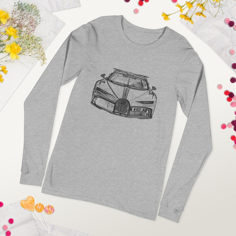 Drawing of a Bugatti Chiron | Unisex Long Sleeve Tee - Bella Canvas | Supercar Sketch