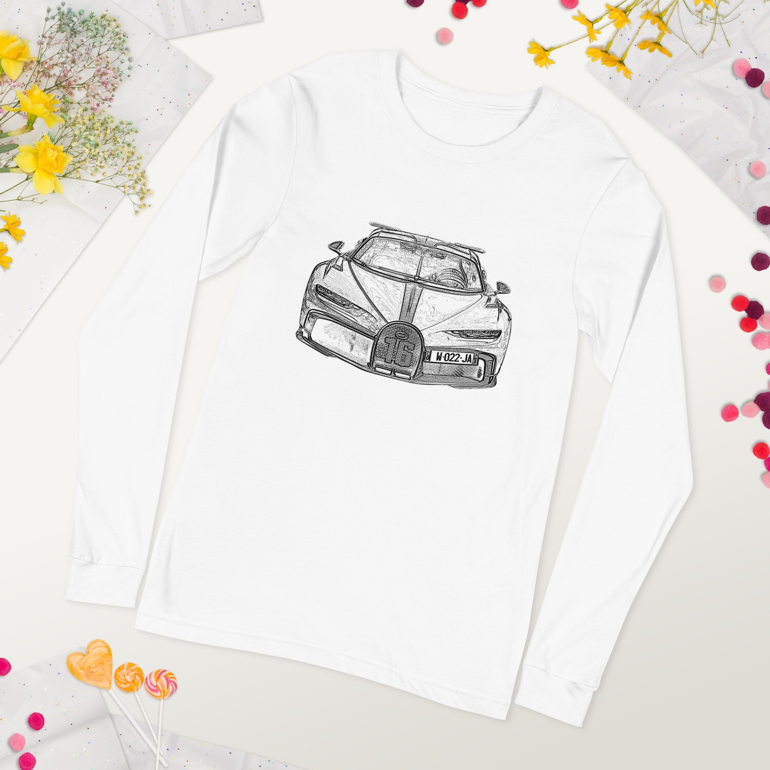 Drawing of a Bugatti Chiron | Unisex Long Sleeve Tee - Bella Canvas | Supercar Sketch