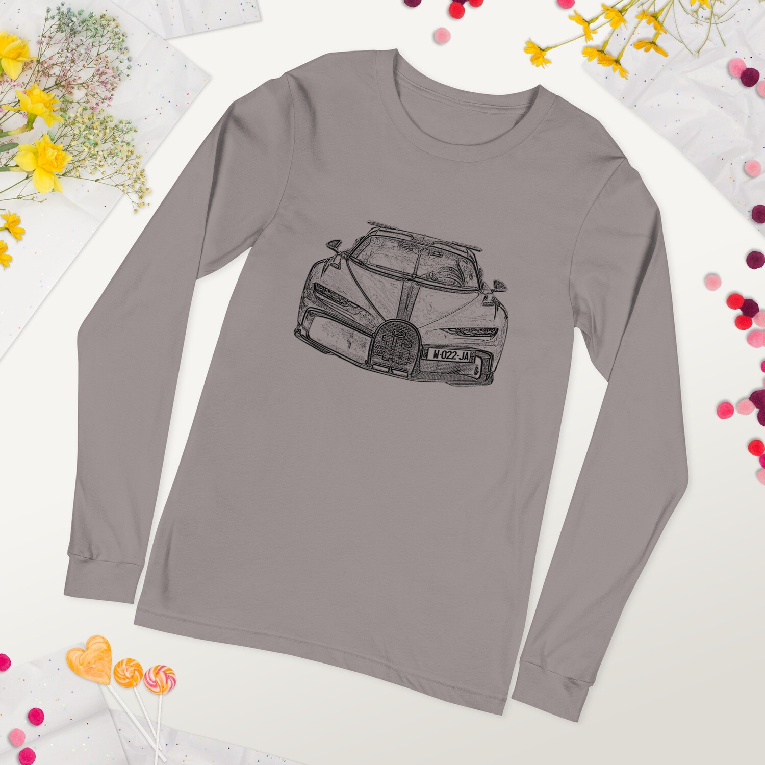 Drawing of a Bugatti Chiron | Unisex Long Sleeve Tee - Bella Canvas | Supercar Sketch