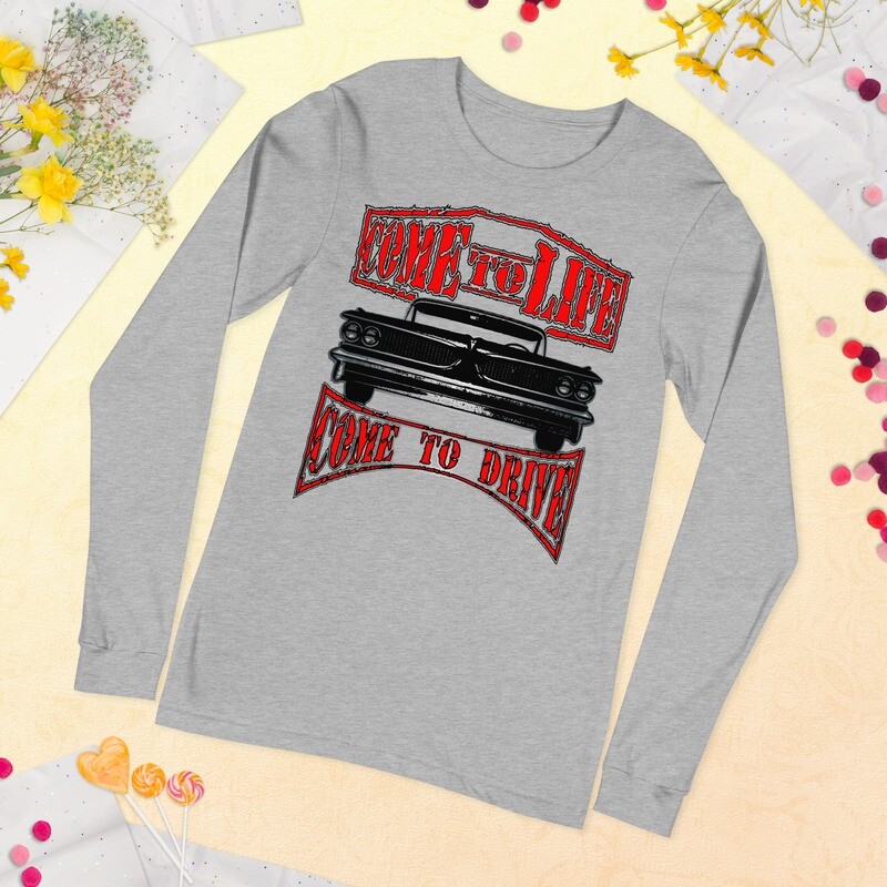 Long sleeve unisex t-shirt with a Gray 1959 Pontiac muscle car graphic.