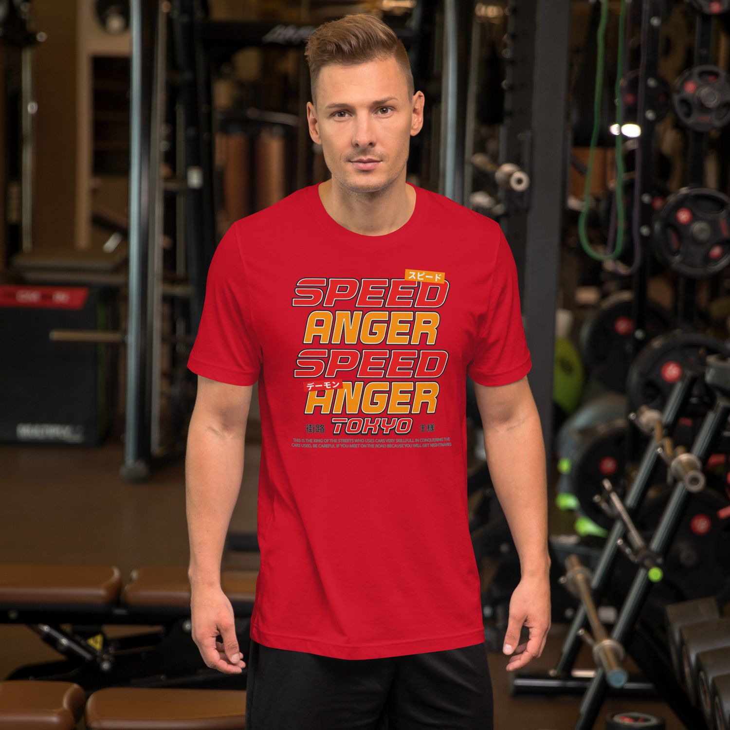 A chic Speed Racer t-shirt adorned with striking red text and fashionable glasses, ideal for racing enthusiasts, for man 