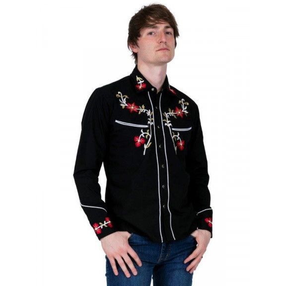 black cowboy shirt with red flower embroidery
