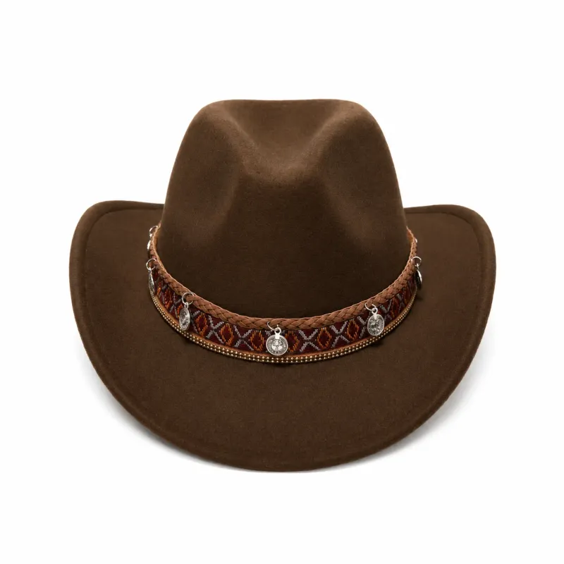 Classic Western Cowboy Hat with a decorative braided hatband and metal charm accents. Soft, lightweight, and foldable for everyday wear or travel.