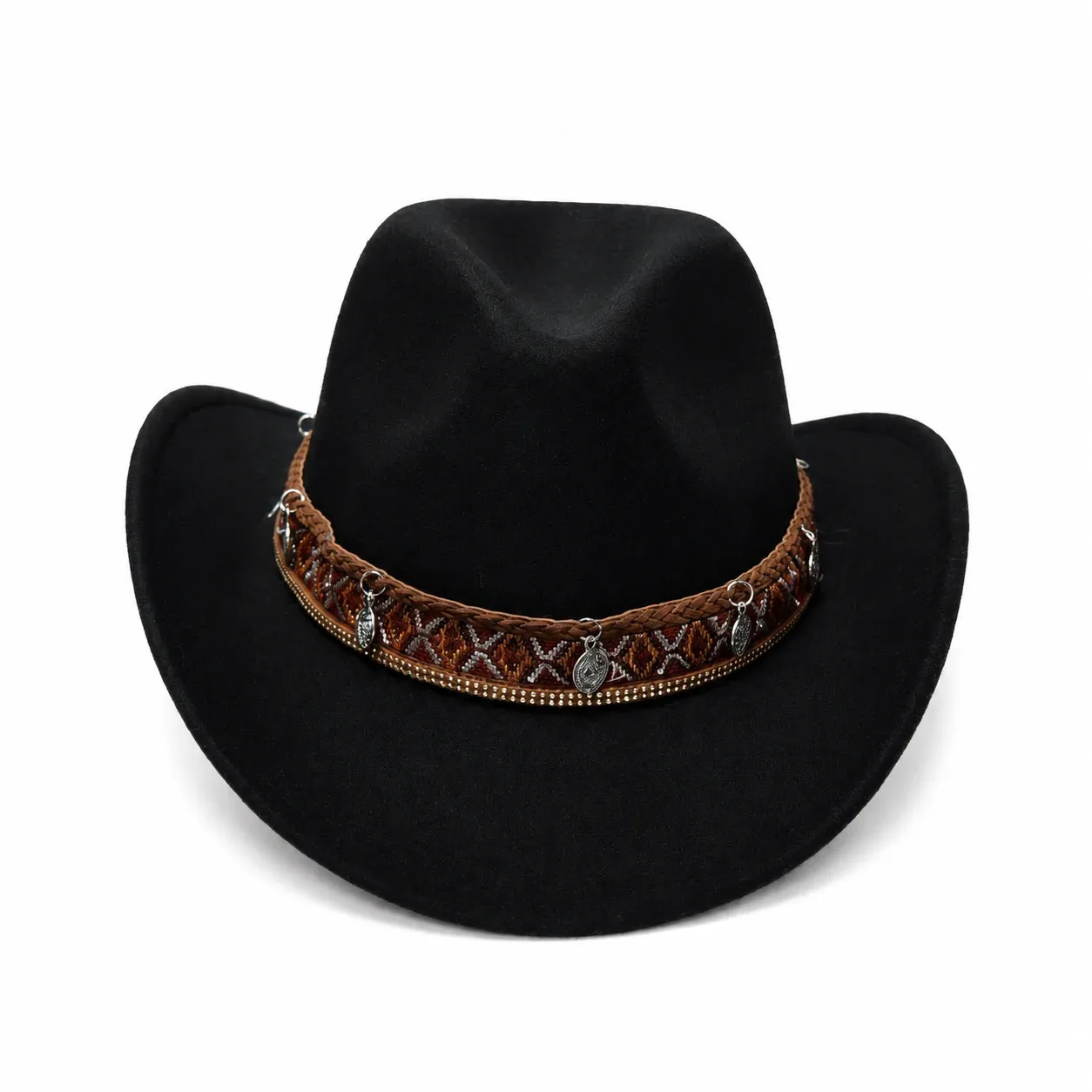 Classic Western Cowboy Hat  with a decorative braided hatband and metal charm accents. Soft, lightweight, and foldable for everyday wear or travel.