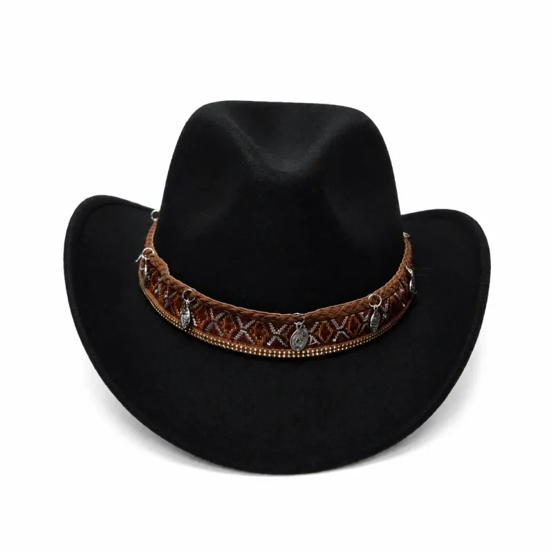 Classic Western Cowboy Hat  with a decorative braided hatband and metal charm accents. Soft, lightweight, and foldable for everyday wear or travel.