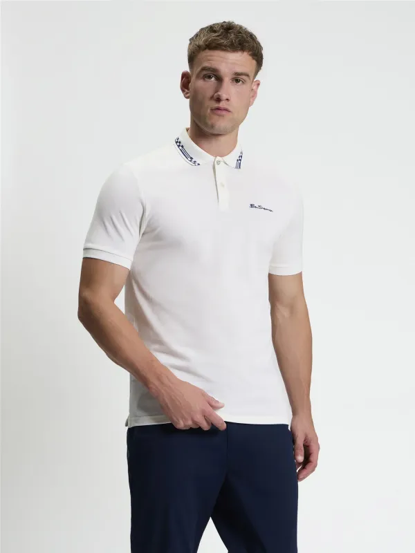 Ben Sherman Short Sleeve Checkerboard Collar Polo in Snow White