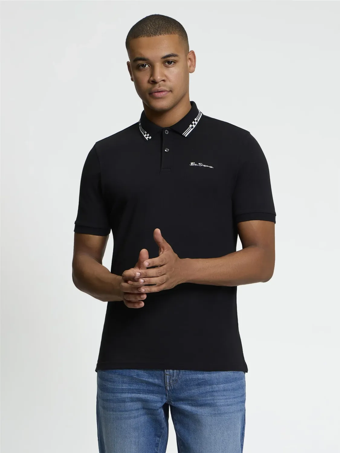 Ben Sherman Short Sleeve Checkerboard Collar Polo in Black