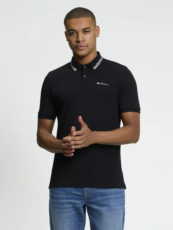 Ben Sherman Short Sleeve Checkerboard Collar Polo in Black