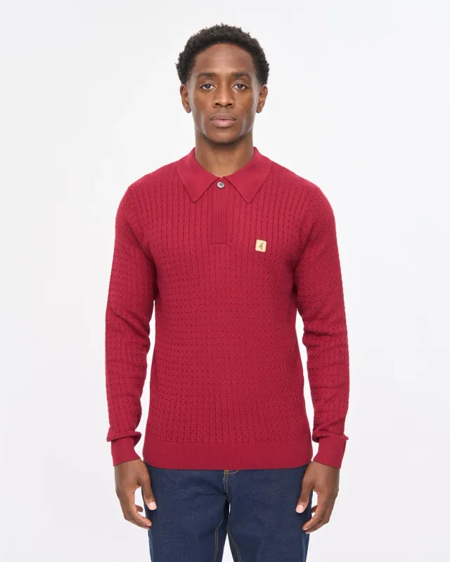 Gabicci 'Milton' Long Sleeve Cable Knit Polo in Claret Gabicci 'Milton' Long Sleeve Cable Knit Polo in Claret