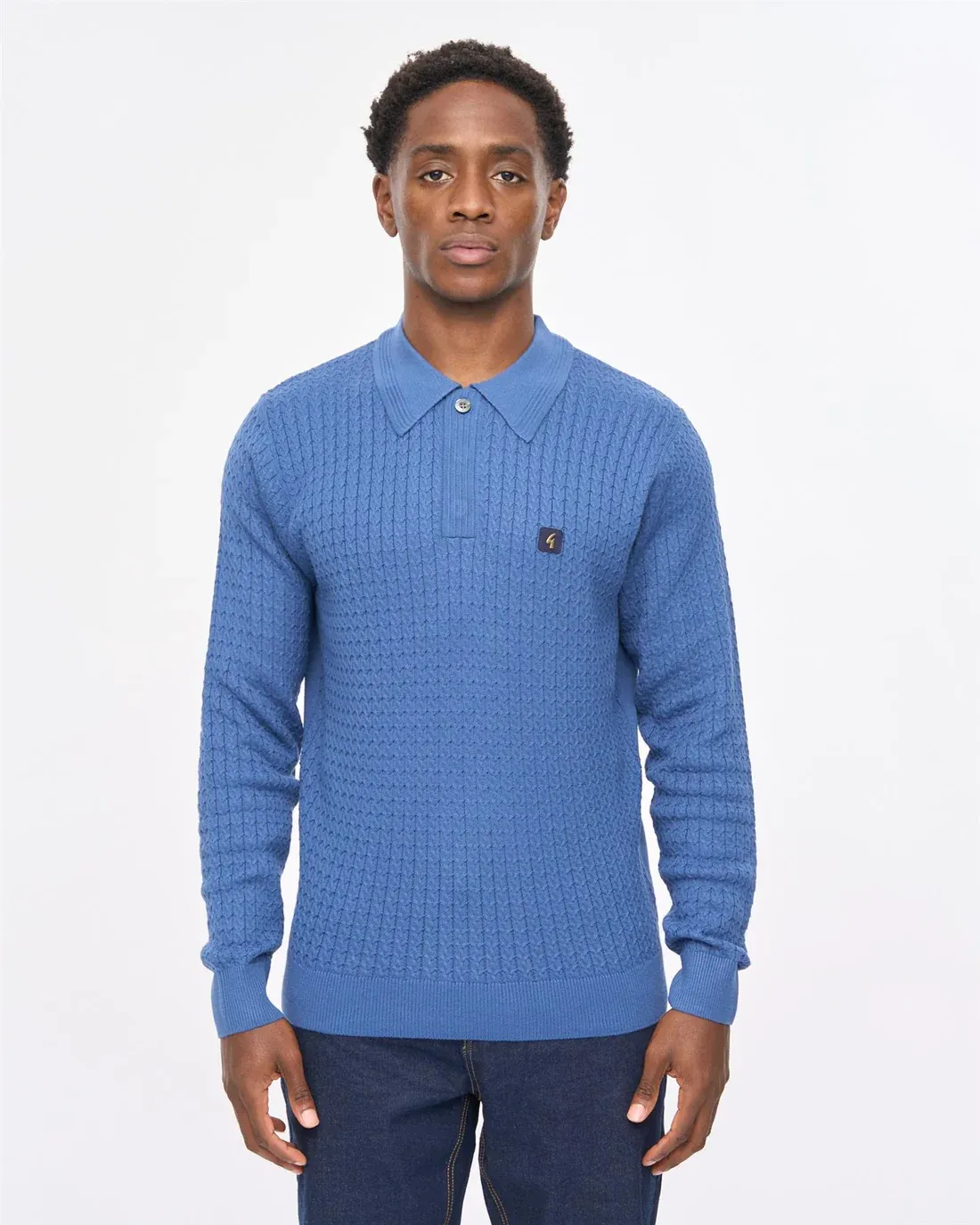 Gabicci 'Milton' Long Sleeve Cable Knit Polo in Airforce