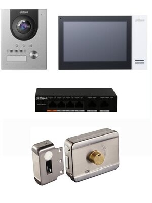 DAHUA KTP01S - Kit de Videoportero IP con Frente de Calle metálico, Monitor y Switch POE/ Pantalla LCD Touch de 7
