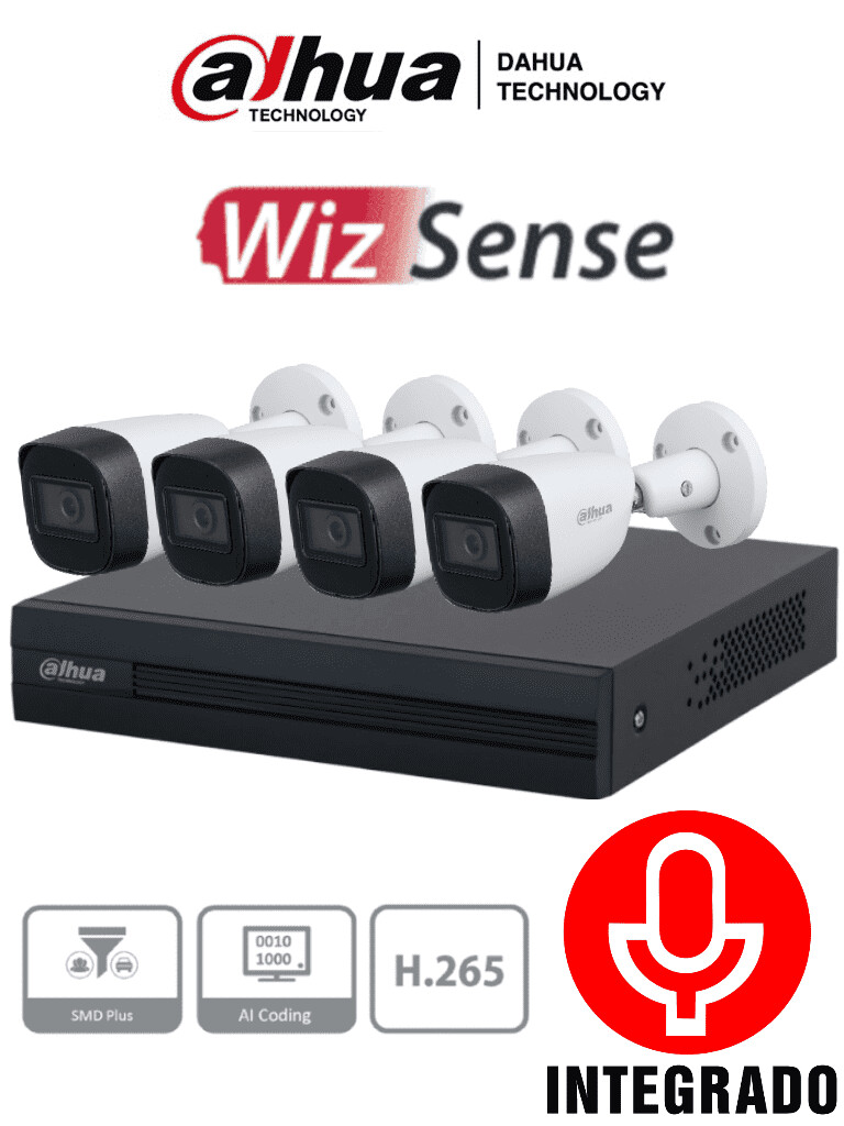 DAHUA KITXVR5104HS-4KL-I3+4-HFW1500CM-A - Kit de 4 Canales 5 Megapixeles con Audio/ WizSense/ Cooper-I/ H.265+/ 4 Camaras Metalicas/ 4 Canales + 4 IP o Hasta 8 Canales IP/ 1 Canal con Reconocimiento F