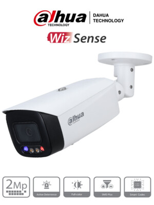 DAHUA IPC-HFW3249T1-AS-PV- Cámara IP Bullet TiOC de 2 Megapixeles/ Lente de 3,6 mm/ Sirena Integrada/ Estrobo Rojo y Azul/ Full Color/ SMD Plus/ H265/ Leds para 40 Mts/ Microfono Integrado/IP67/ POE/