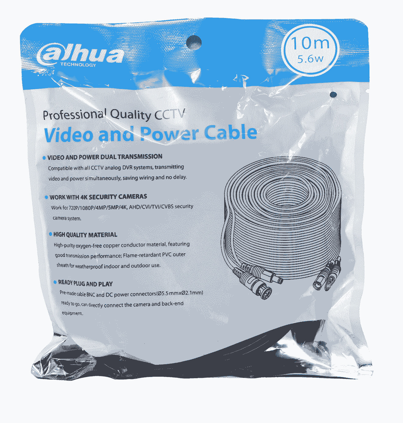 DAHUA DH-PFM942I-50-5 - Cable de 50 Metros Armado para Video y Energía/ con Conectores BNC y de Energía/ Para Camaras Hasta 4k/ Soporta: AHD/CVI/TVI/CVBS/ Uso Exterior e Interior/ Cobre de Alta Pureza