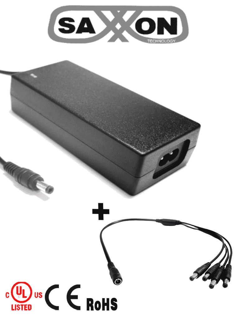 SAXXON PSU1204EPAQ2 - Paquete de Fuente de Poder Regulada de 12 Vcc 4.1 Amperes + Divisor para 4 Camaras/ Color Negro/ Para Usos Multiples: Sistemas de CCTV, Acceso, ETC/ Certificacion U