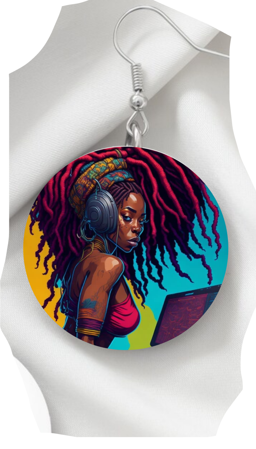 Black Woman with Dreads and Head Phones Earrings