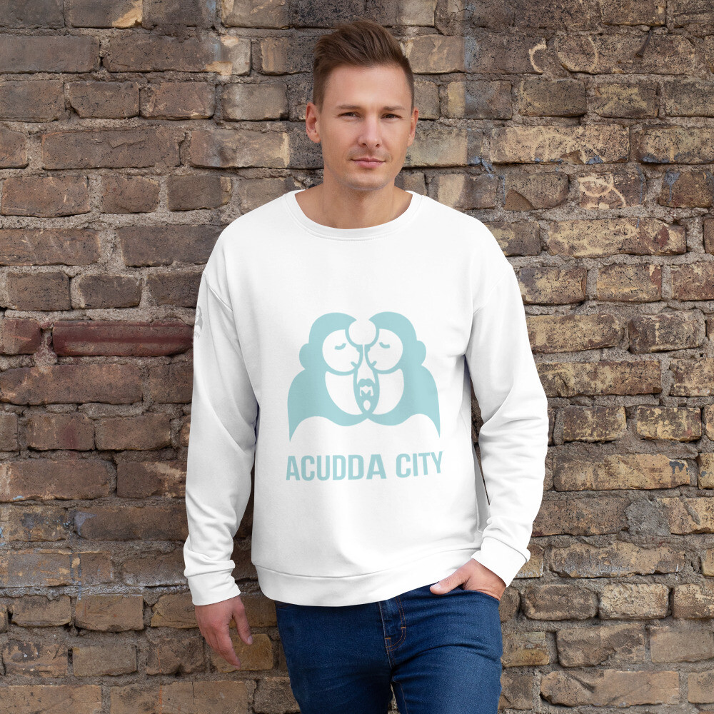 Men&#39;s White Sweatshirt - ACUDDA CITY - ELECTRIC PALE LOGO WITH SLEEVE LOGO