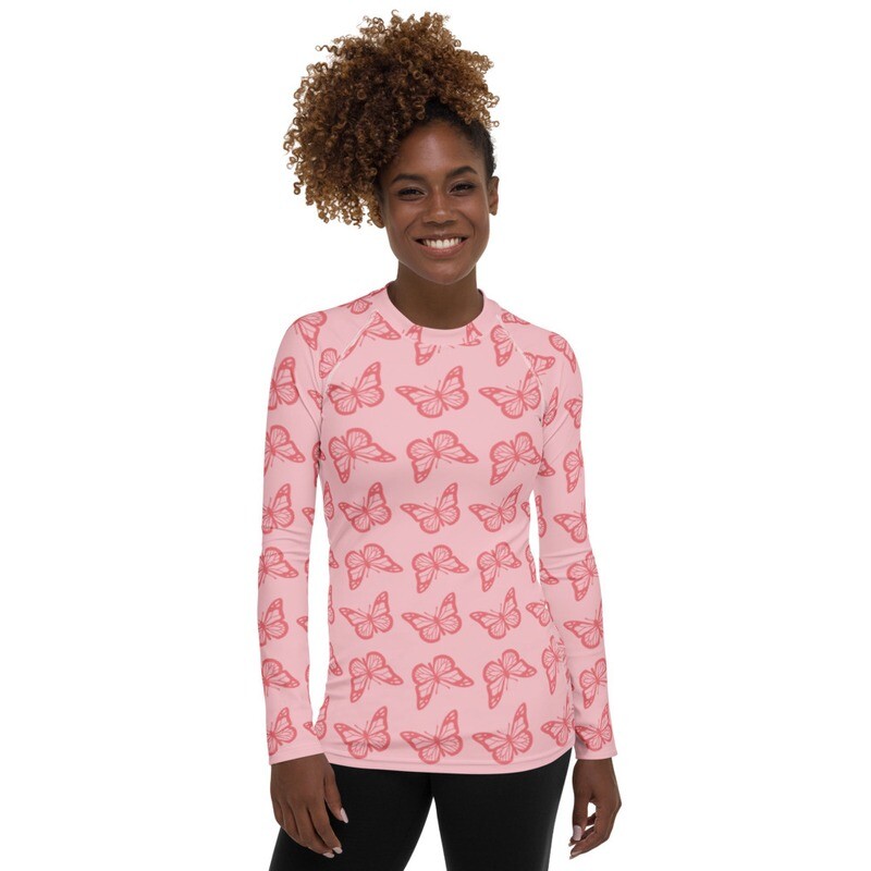 Women&#39;s Long Sleeve Shirt Rash Guard - Pink Butterflies