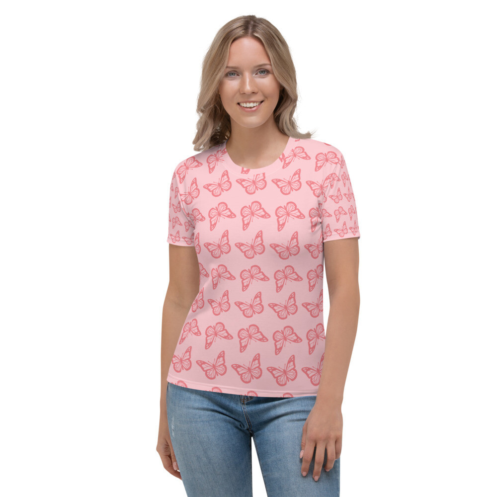 Women&#39;s T-shirt Crew Neck - Pink Butterflies