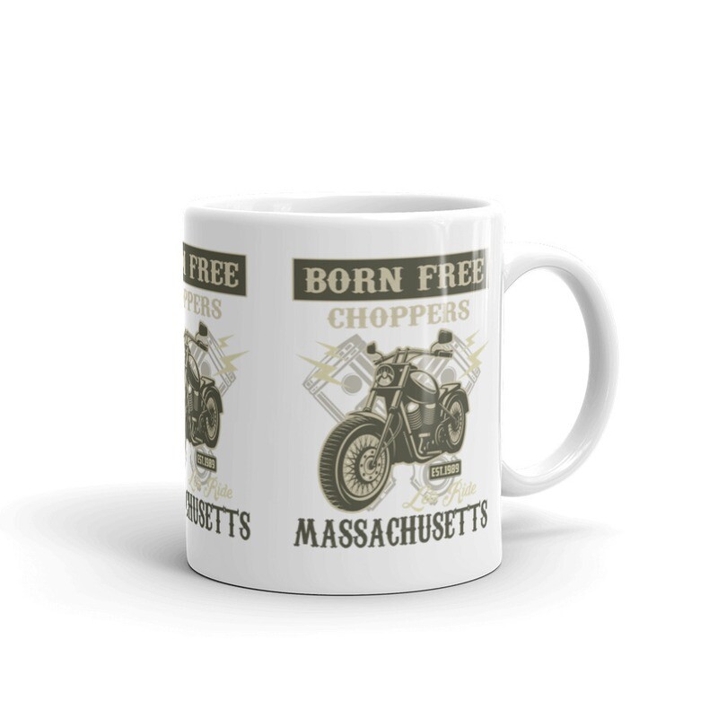 White glossy mug - Born Free Choppers Massachusetts, Size: 11oz