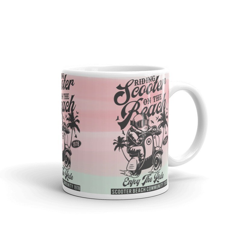 White glossy mug - Riding Scooter on Beach, Size: 11oz