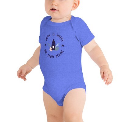 Baby short sleeve one piece - Home is where our story begins, Color: Heather Columbia Blue, Size: 3-6m