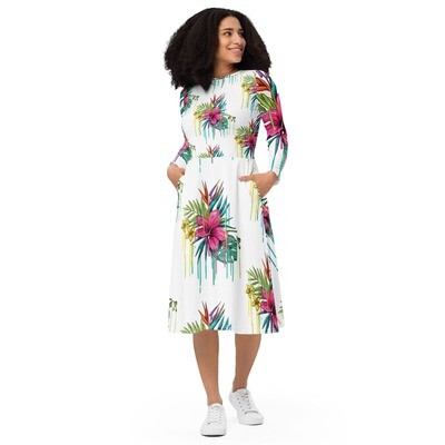 All-over print long sleeve midi dress - Pink Flower Explosion