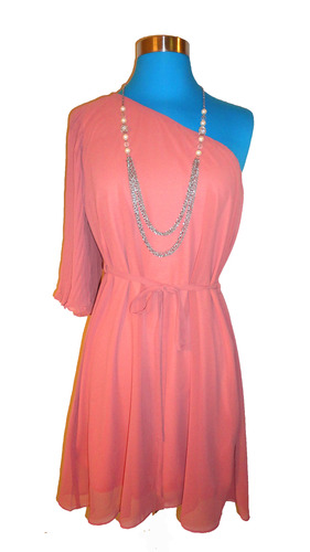 Dusty Rose One Shoulder Dress with Accordion Sleeve and Tie Belt