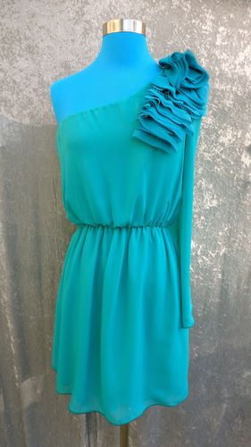 Turquoise One Shoulder Dress with Flower Applique