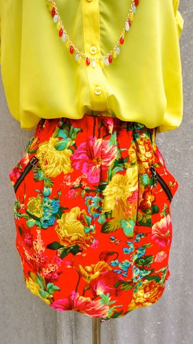 Red Floral Skirt with Pockets