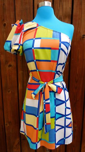 One Shoulder Multi Color Block Dress with Tie Belt