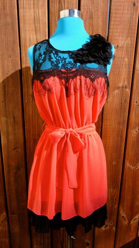 Coral and Black Lace Dress with Fringe and Flutter Detail