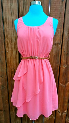 Coral Dress accented with Ruffles and Rope Belt