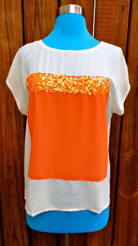 Short Sleeve Cream Top with Orange Sequin Square