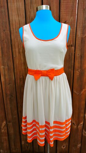 Ivory Dress with Orange Stripes and Bow Detail