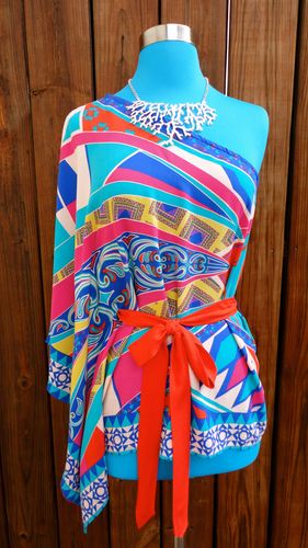 One Shoulder Multi Color Fly Away Top with Tie Belt