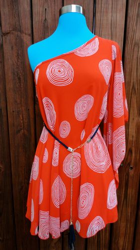 Tomato Red Circle Print One Shoulder Dress/Tunic with Navy Rope Belt
