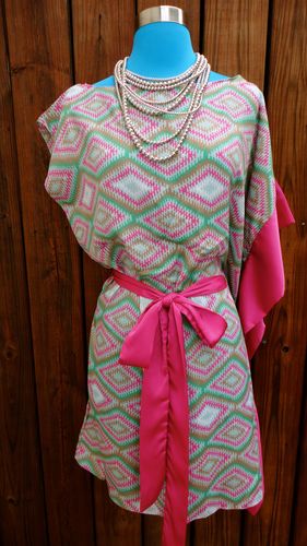 Fuchsia and Green Kaftan Dress with Tie Belt
