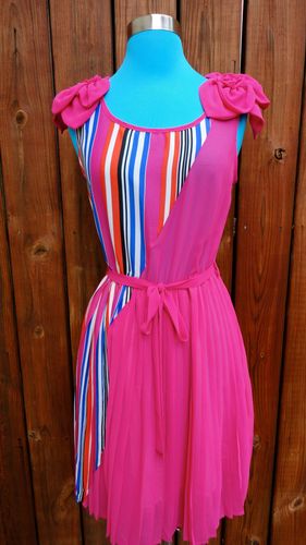 Sleeveless Fuchsia and Multi Striped Contrast with Tie Belt and Petal Shoulder Detail